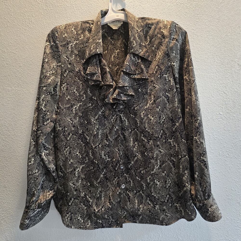 Vintage Ports International Blouse Womens 6‎ Black White Ruffle Hong Kong